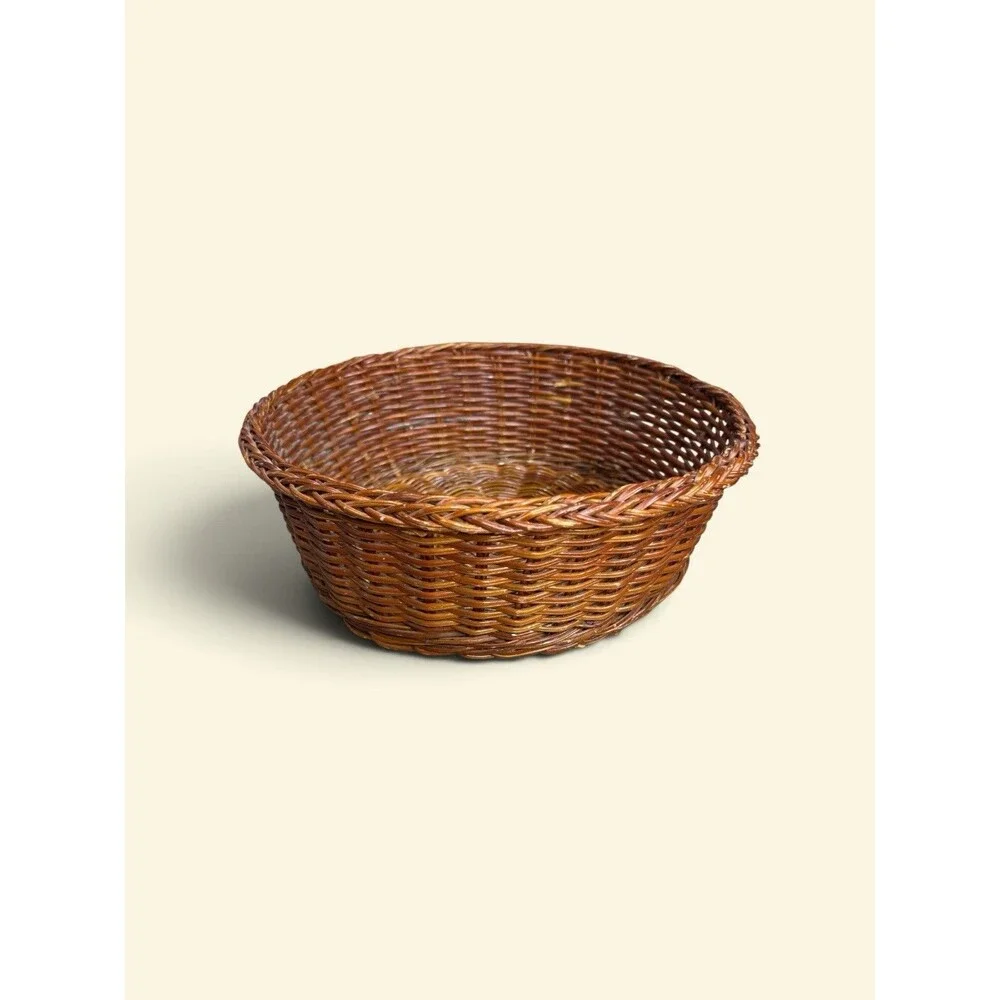 Vintage Round Wicker Basket Woven Rattan Boho Farmhouse Decor Bowl Catchall 10”
